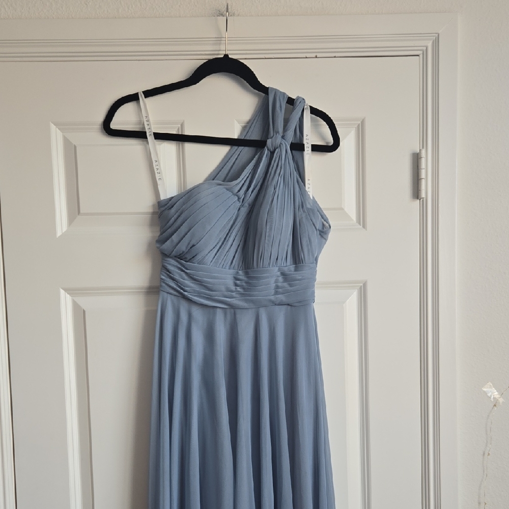 Azazie One-Shoulder Dusty Blue Chiffon Gown